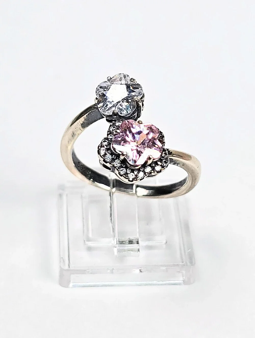 925 Sterling Silver Adjust 7-8 Dual Flower Ring Pink & Clear CZ Open Band Floral
